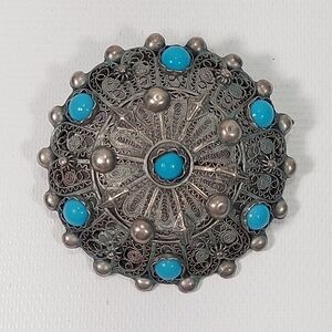 Antique 800 Silver Filigree Turquoise Stone Dome Circle Pin Brooch
